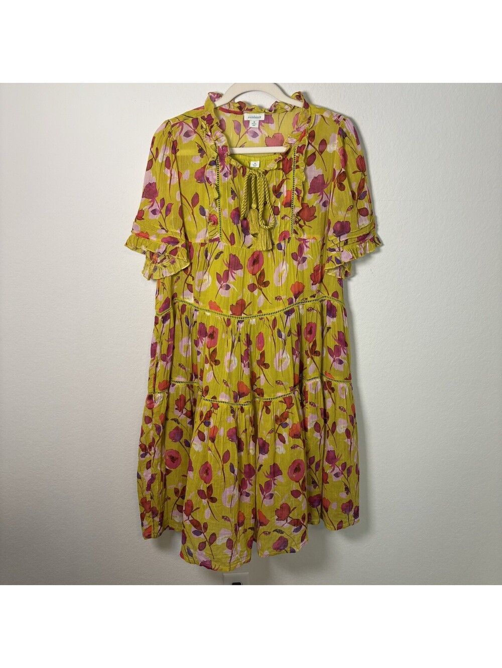 Sundance Aisha Printed Floral Dress Chartreuse Women’s Size M Boho Flowy EUC